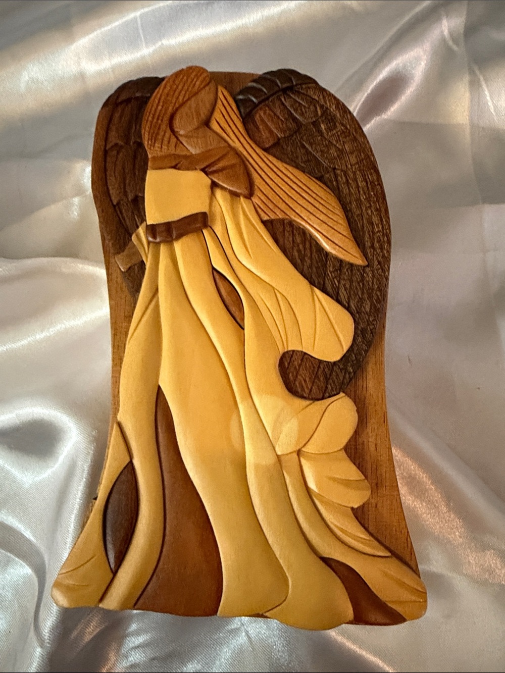 Handcrafted Yellow and Brown Wood Angel Puzzle Box